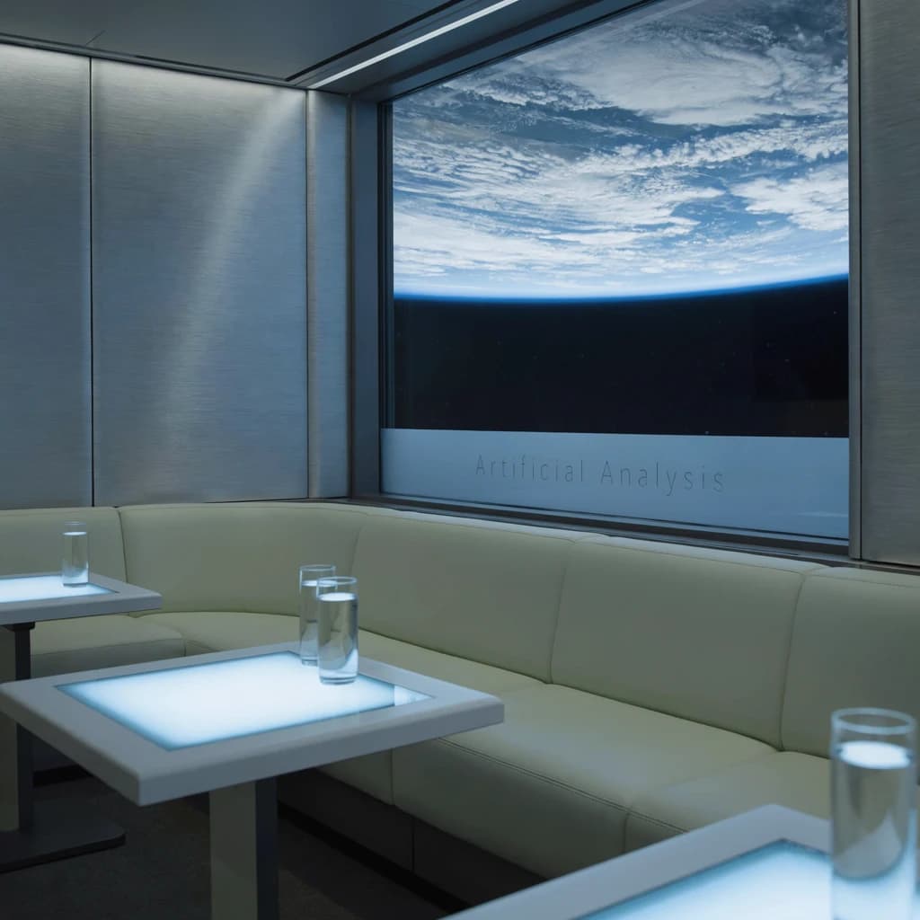 The orbital lounge has brushed aluminum walls and pale leather banquettes. Low white tables are inset with glowing touchscreens. Drinks are clear, flavorless, in tall unmarked glasses. The viewport is floor-to-ceiling, showing Earth moving slowly beneath. The word Artificial Analysis is etched discreetly on the glass in a frosted band.