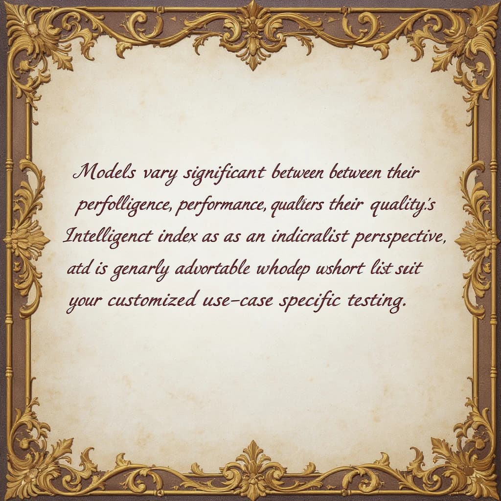 On a flat layout, write in an ornate baroque style "Models vary significantly between their technical performance, features and their quality. Artificial Analysis's intelligence index represents a generalist perspective and is useful as an indicator of the quality of responses. It is generally advisable to develop a short-list of models which best suit your use-case for customized use-case specific testing. "