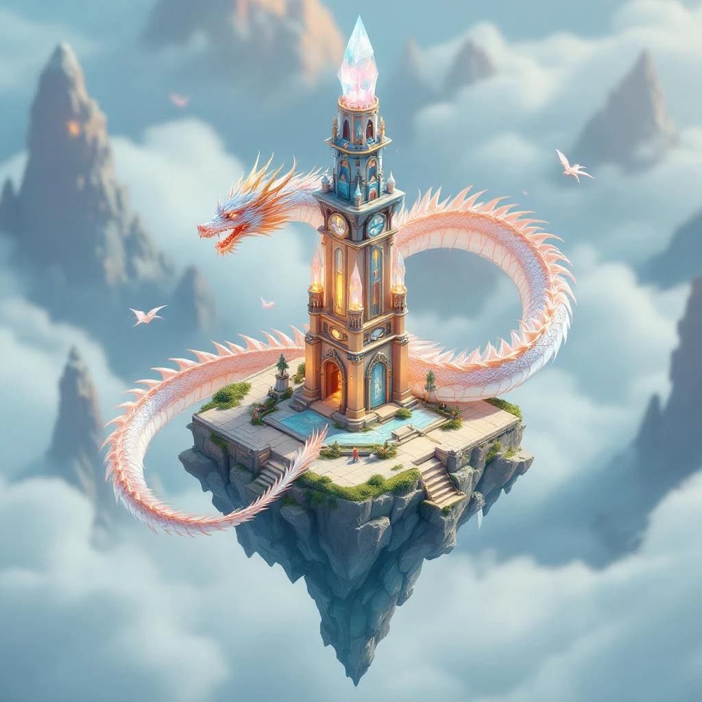 Render an isometric 3D crystal dragon circling a floating tower.