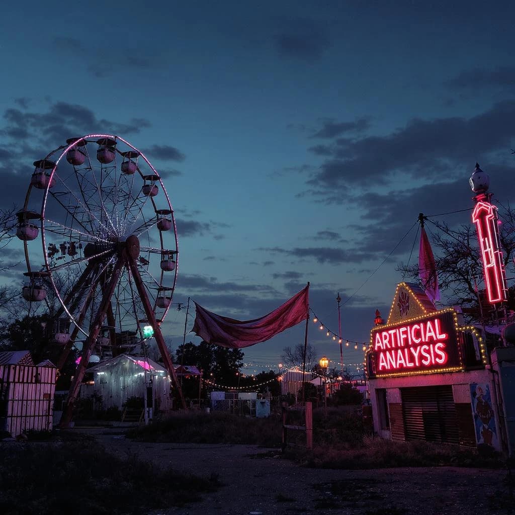 A deserted amusement park glows faintly under a half-moon. The ferris wheel is rusting yet strung with fresh, blinking LED lights. A torn clown banner flaps in a windless air. A lone balloon floats upward, tethered to nothing, while in the far distance city lights flicker on - some neon, some gas lamps as though from another century. 'Artificial Analysis' glows in neon
