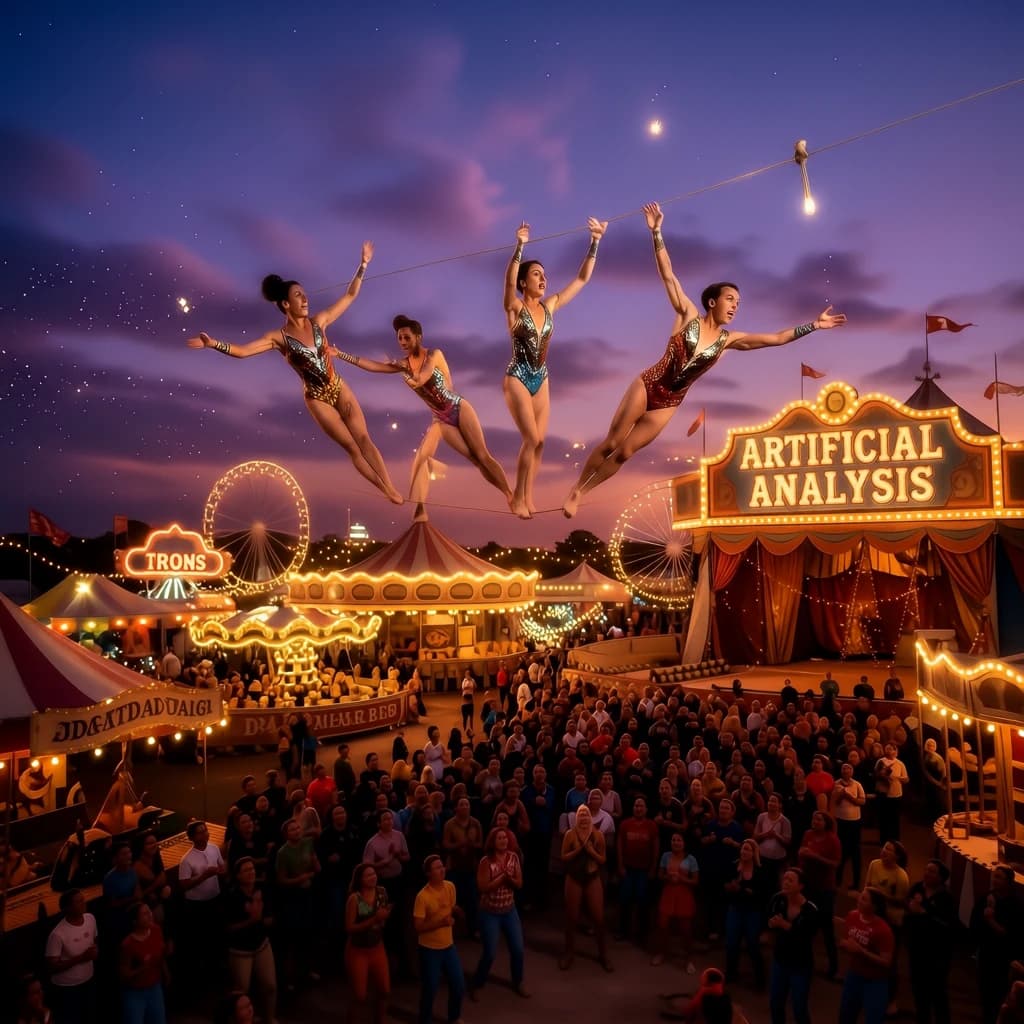 At dusk, high above a carnival crowd, three tightrope walkers balance on a single rope with no aids, one is off balance and grabbing at air. Below, the audience looks upward with baited anticipation. Artificial Analysis is spelled out in the background in carnival lights