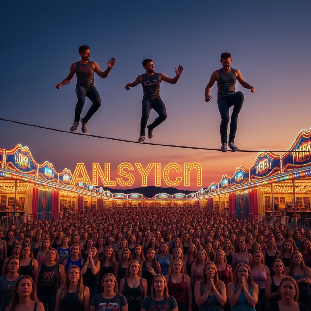 At dusk, high above a carnival crowd, three tightrope walkers balance on a single rope with no aids, one is off balance and grabbing at air. Below, the audience looks upward with baited anticipation. Artificial Analysis is spelled out in the background in carnival lights