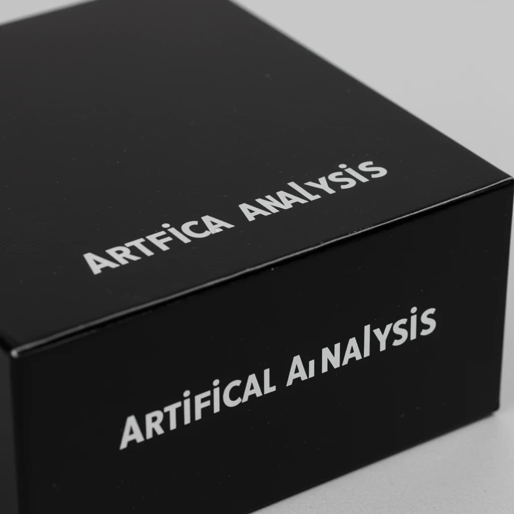 On the black box, silver foil embossing, centered: "Artificial Analysis" in Comic Sans Small Caps, perfectly justified. The letters are crisp, but the “Y” is duplicated faintly, ghosting right. On the box’s reflection, the word order is inverted: ARTIFICIAL ANALYSIS.
