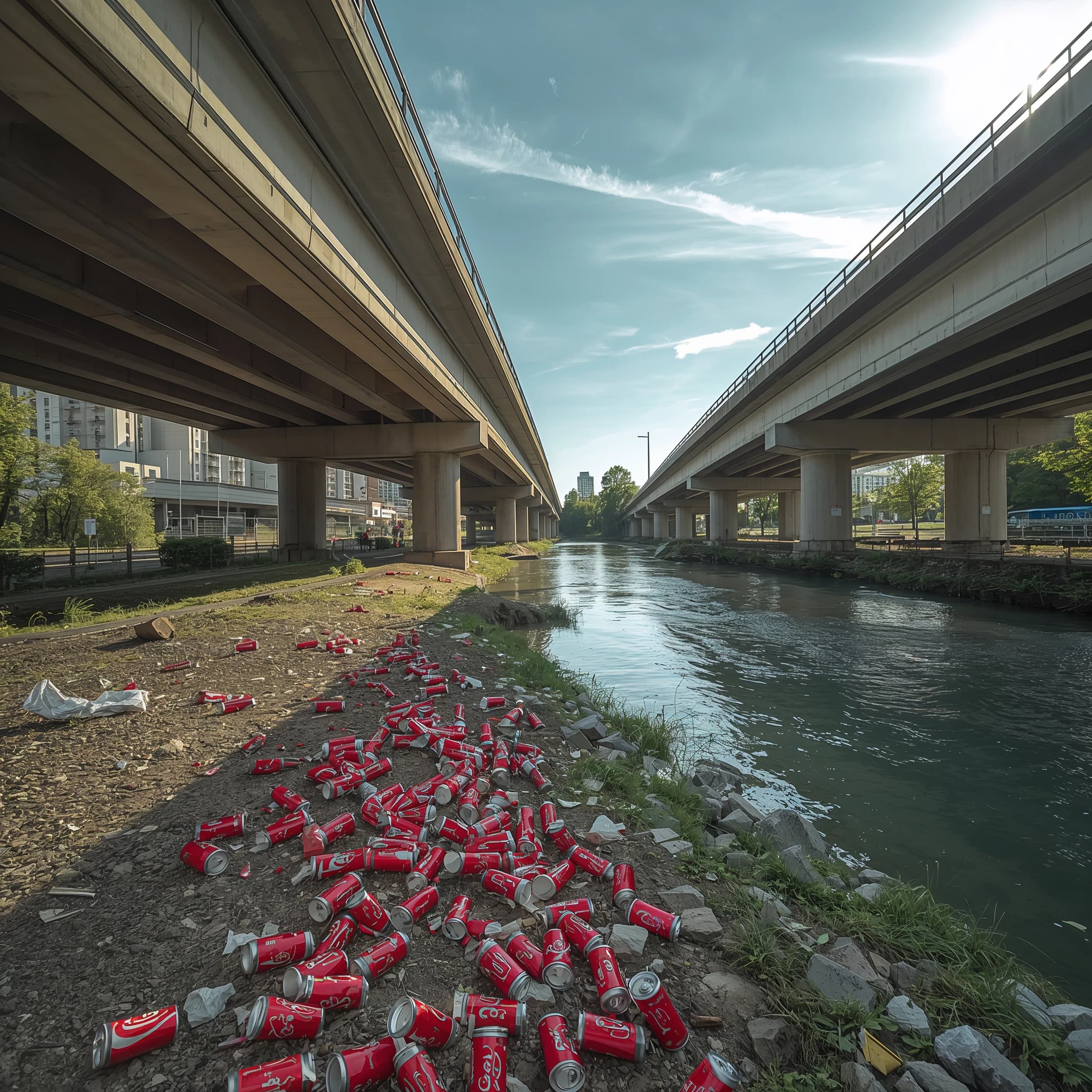 Red soda cans and other garbage sit strewn across the bank of an urban river only a few metres wide. Concrete overpasses criss cross overhead on a bright and sunny day. Fading skywriting proposes marriage