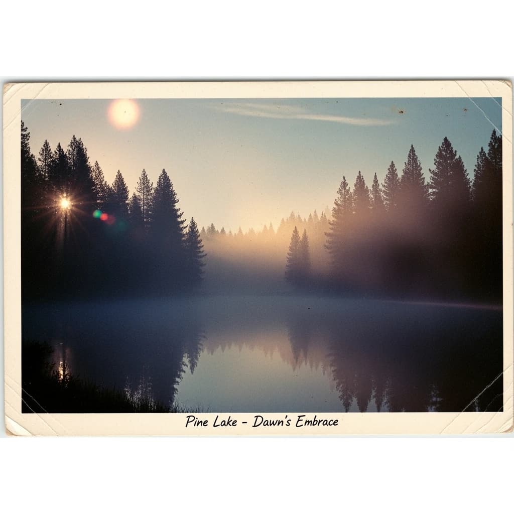 Give me a faded postcard of a misty pine lake at dawn, light leaks, film grain.