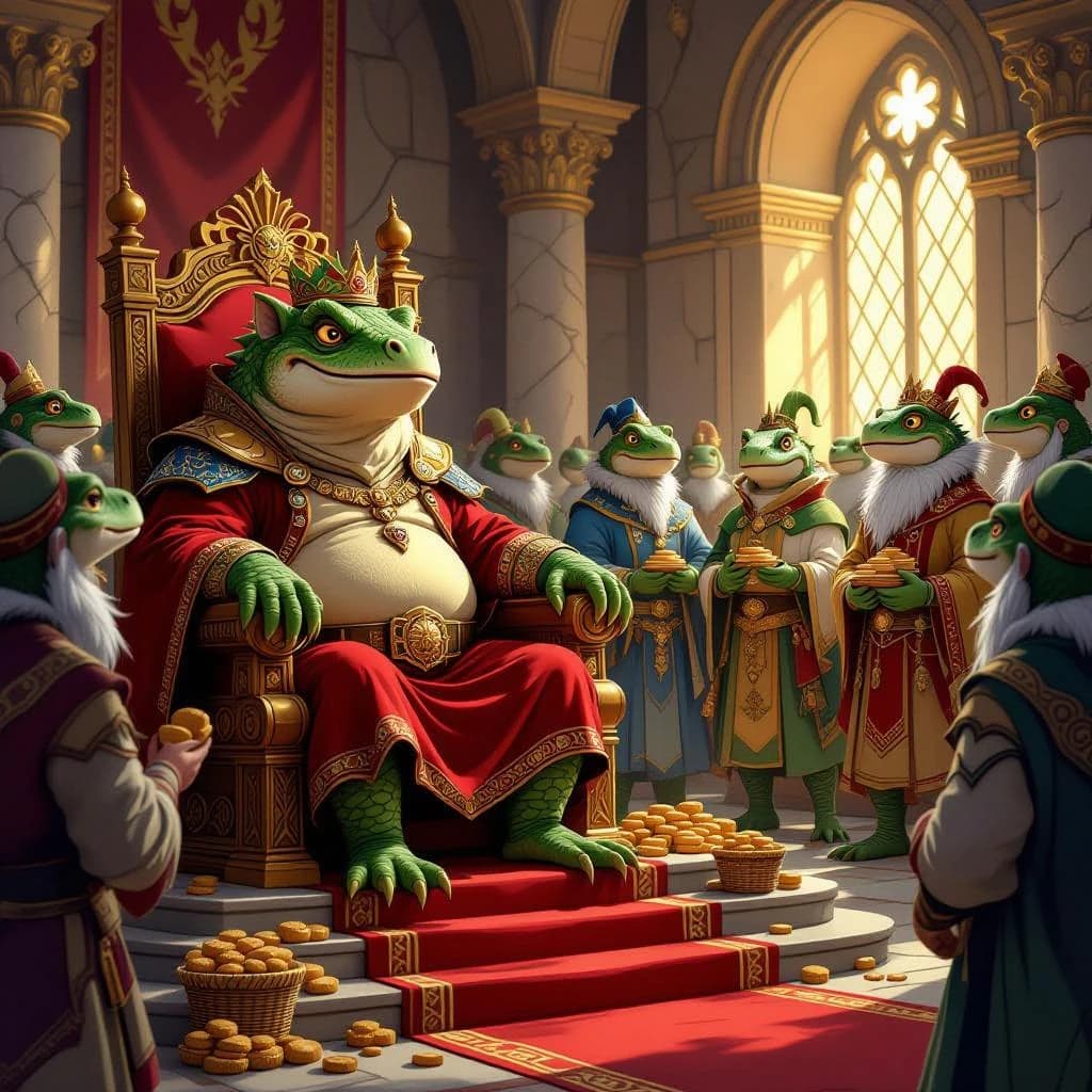 Big Weasel, the tyrannical ruler of the Levitus, slouches on his throne, his mood foul but somewhat brightened by the sight of gifts - a wearisome group of lizard traders adorned in fine silks proceed toward him through the hall with their annual tribute of biscuits, ham and gold - Big Weasel's favourites. Big Weasel's entourage looks on with stern approval.