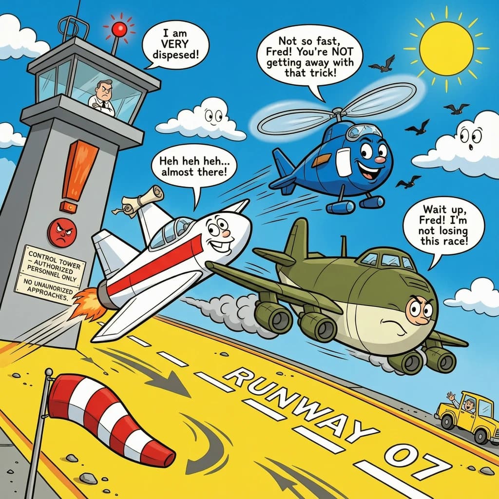 Almost at the runway, Fred the Fighter Jet is racing with Barry the Bomber to see who lands first. Fred has a mischievous trick up his sleeve but Hermione the Helicopter is going to stop him before he gets the chance. The control tower is very angry and has a big exclamation mark. Hand drawn cel look