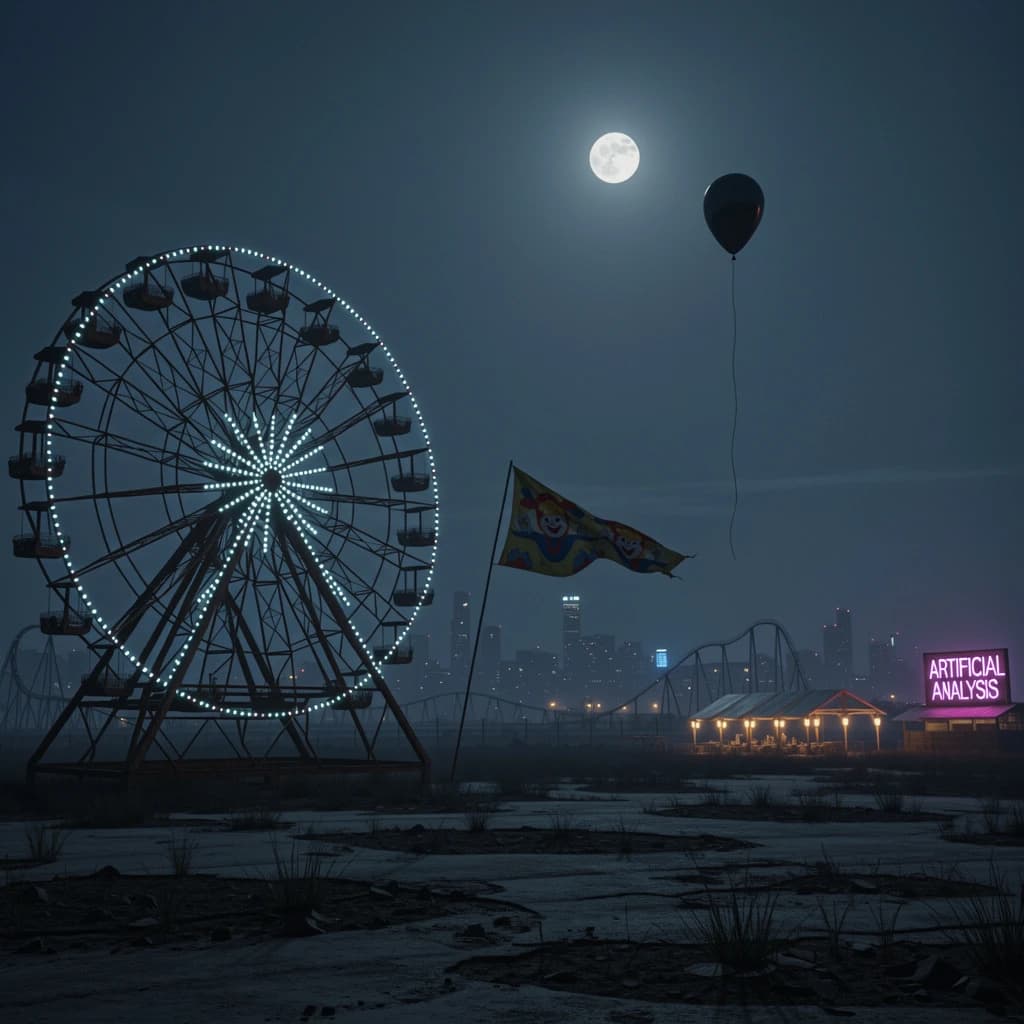 A deserted amusement park glows faintly under a half-moon. The ferris wheel is rusting yet strung with fresh, blinking LED lights. A torn clown banner flaps in a windless air. A lone balloon floats upward, tethered to nothing, while in the far distance city lights flicker on - some neon, some gas lamps as though from another century. 'Artificial Analysis' glows in neon