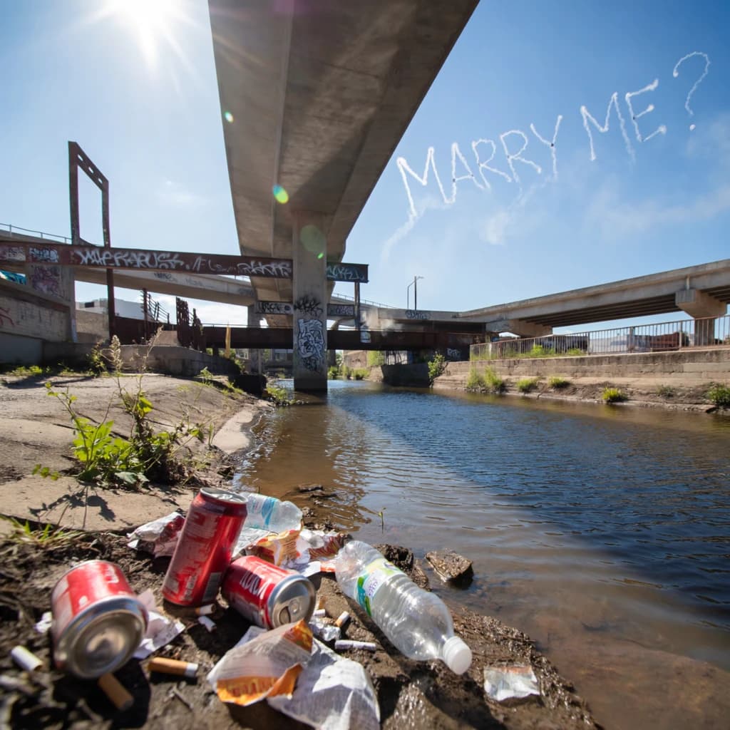 Red soda cans and other garbage sit strewn across the bank of an urban river only a few metres wide. Concrete overpasses criss cross overhead on a bright and sunny day. Fading skywriting proposes marriage