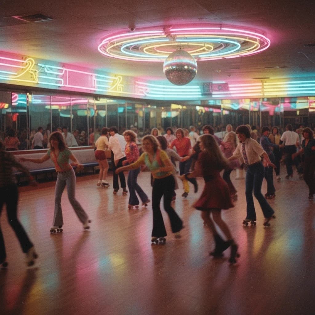 A 1970s roller rink crowd skates under neon, with a bit of fade and film grain.