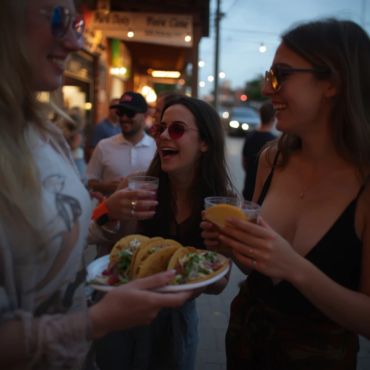 Friends laugh over street tacos at dusk, candid, shallow depth.