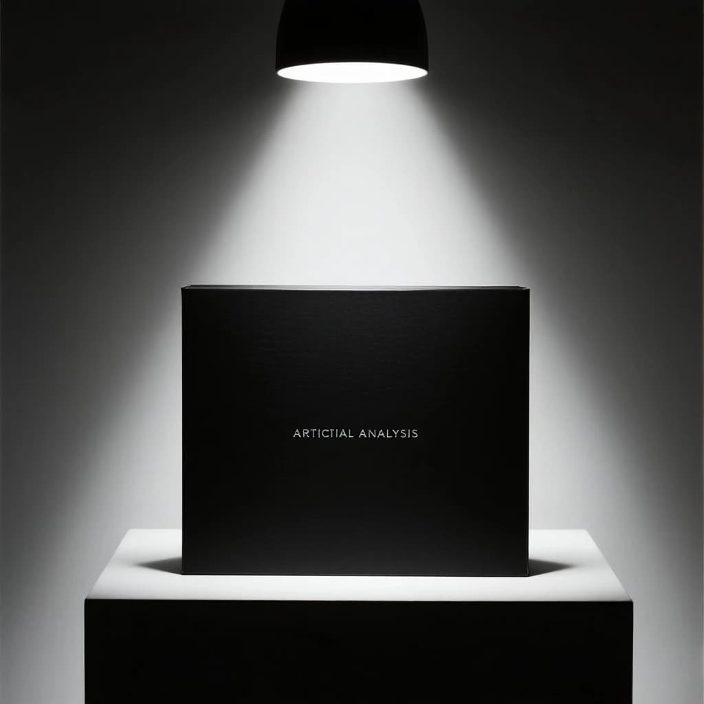 A premium matte black laptop-sized box rests on a pure white pedestal within a gallery space. Overhead, a single spotlight carves sharp contrast, leaving the edges in deep shadow. The brand name Artificial Analysis is embossed in silver foil, glinting faintly as though it were jewelry.