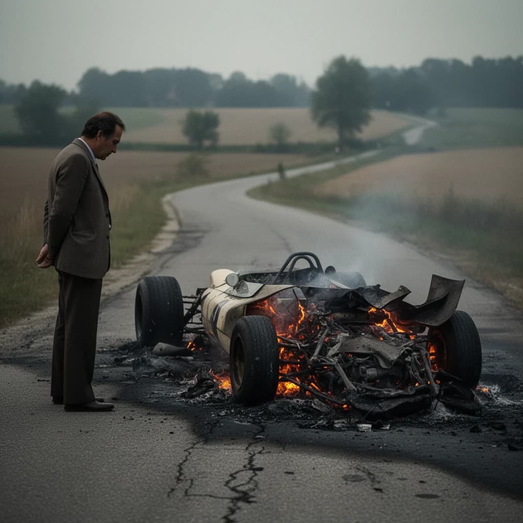 Mario examines the still smouldering wreck of the crash that took his best driver on the side of the country road. He designed this car and caused this. 3 days have passed since the crash. It's 1973 in Northern Italy.