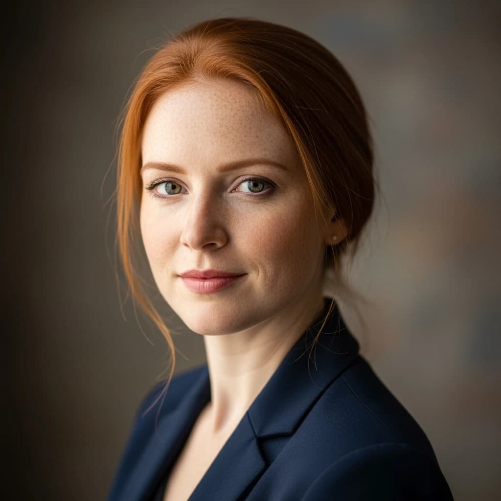 Capture a head-and-shoulders portrait of a freckled red-haired violinist in a navy blazer, soft window light, 85mm at f/1.8, gently smiling yet serious eyes, muted tones.