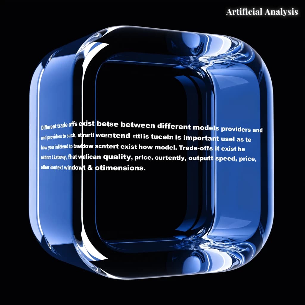 In a clear transparent blue glassy rounded box, etch "Different trade offs exist between different models and providers and as such, it is important to start with how you intend to use the model as the first step. Trade-offs exist currently between model quality, price, output speed, latency, context window & other dimensions. " in sans serif medium weight text. Artificial Analysis is watermarked over the top right 