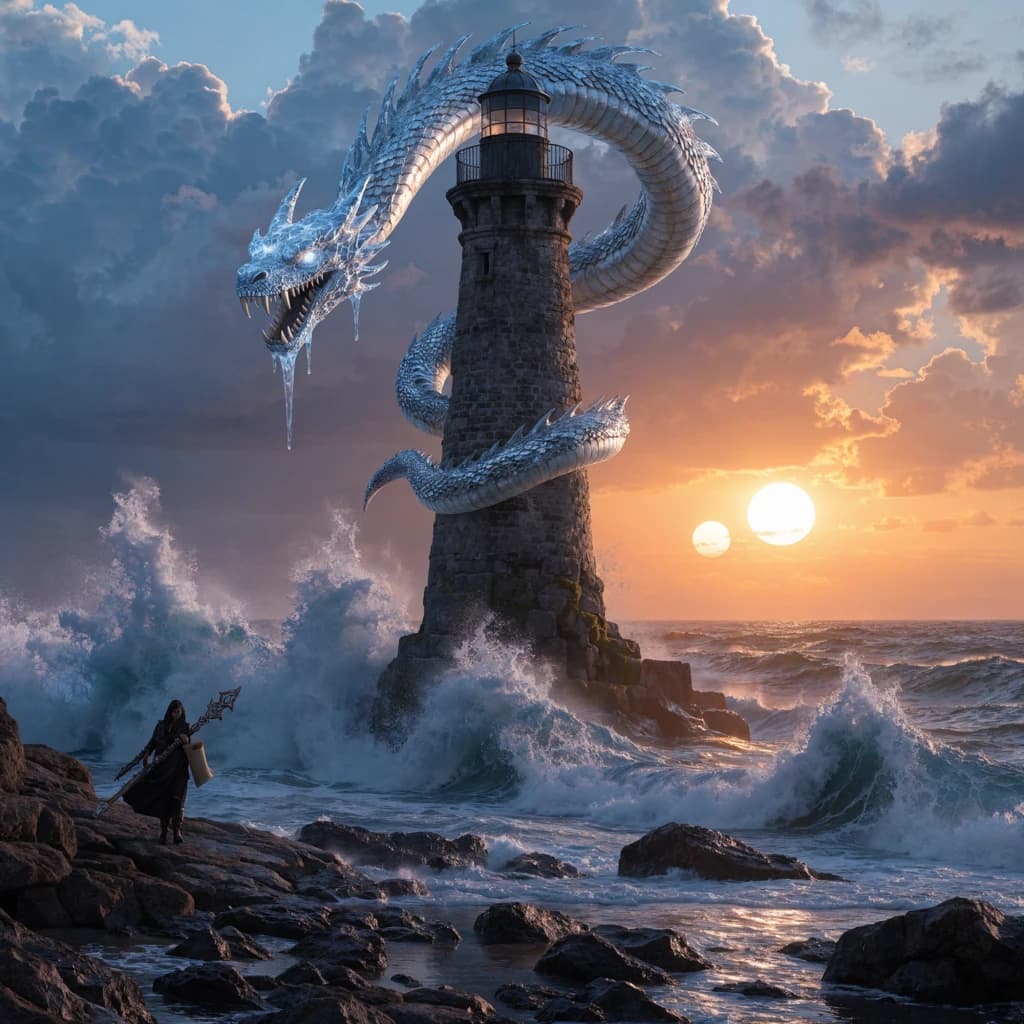 A dragon of molten silver coils around a lighthouse. The storming sea below crashes upward in frozen stillness, as though caught mid-motion. The dragon’s molten eyes drip tears of ice. On the horizon, two suns set next to each other, casting orange light on one side of the tower and blue on the other. A cloaked traveler carries an ancient weapon in his left hand and a scroll in his right.