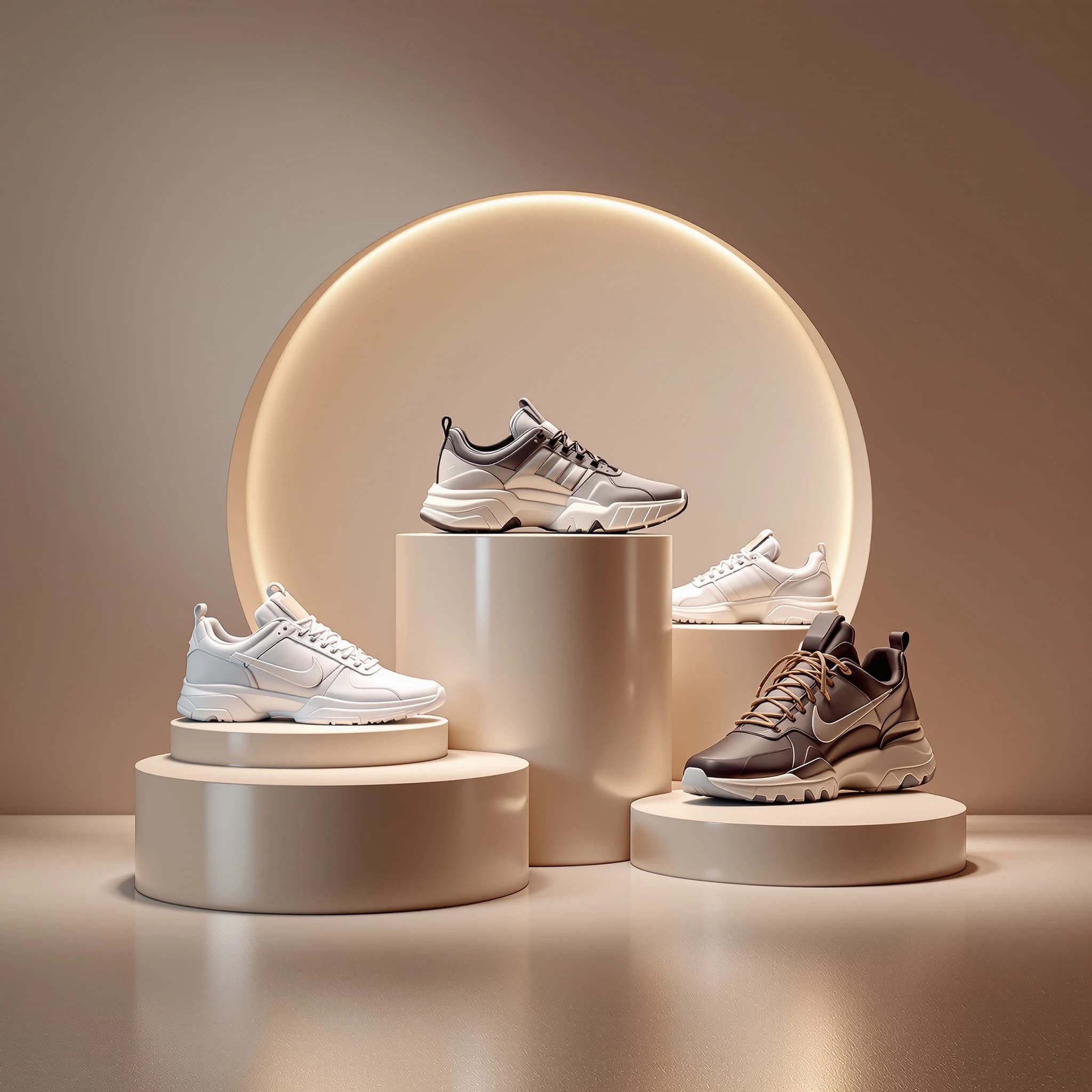 Make a polished 3D ad render: sneakers on glossy plinths, rim lighting.