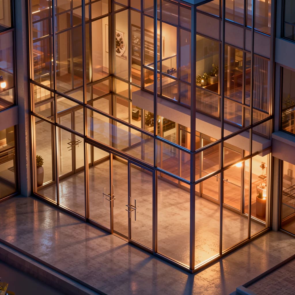Isometric 3D lobby, glass walls, warm lights, slightly moody, soft shadows.