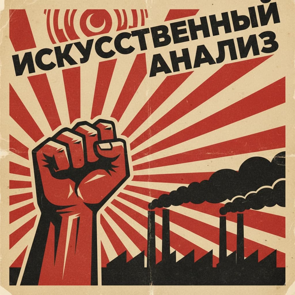A propaganda poster in stark red, black, and beige. A clenched fist rises in the foreground, rendered with sharp geometric blocks. Behind it, radiating lines stretch upward toward a stylized sun. At the top, bold sans-serif lettering in Cyrillic-inspired type spells out Artificial Analysis, tilted at an angle for emphasis. A factory skyline silhouettes the bottom edge, smoke stacks rising into the background. The texture is rough, printed on aged paper with visible creases and ink bleed. Designed in the constructivist Soviet poster style.