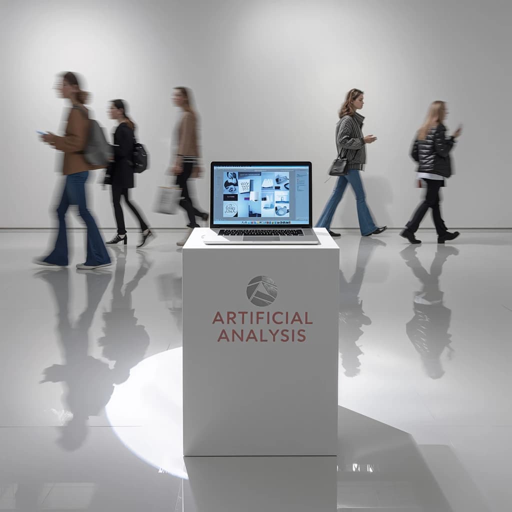 In a spotless gallery space, a pedestal supports a transparent laptop whose screen flickers between static and pristine brand imagery. Shoppers blur past in designer clothes that appear slightly outdated - bell bottoms, metallic jackets. The embossed logo “Artificial Analysis” glints silver, yet its reflection in the glass floor reads in crimson letters. A single spotlight shines, though shadows fall in two directions.