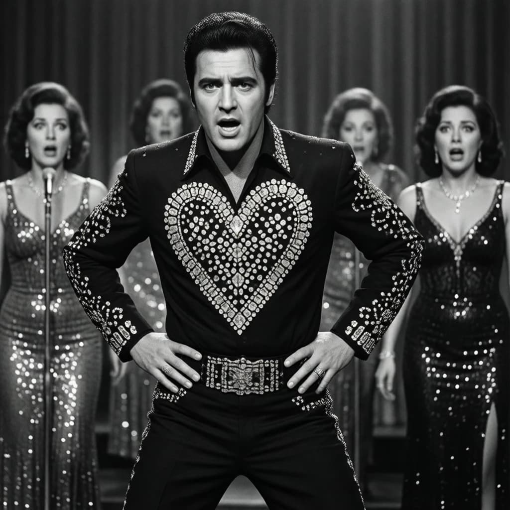 An archival image from 1953 of the rock singer swinging his hips on the stage while glamorous back up singers feign shock at his gyrations! He wears a diamond encrusted jacket with the stones arranged in the shape of a heart