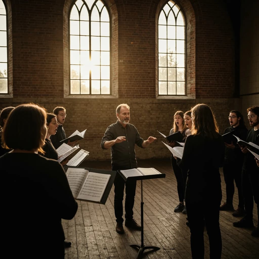 A choir rehearses in a brick hall as somewhat dramatic morning light falls through high windows, with a patient conductor mid-gesture, open scores, intent faces, slight motion blur.