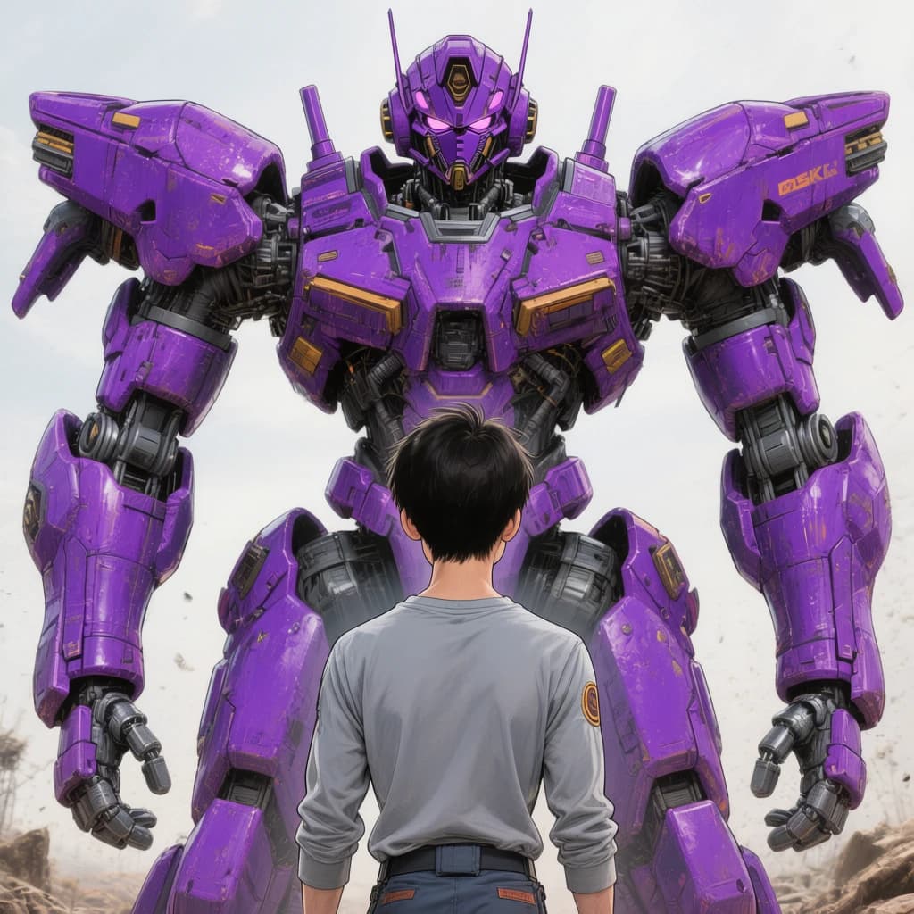 Clad in his body suit up to the neck, young Masa nervously approaches the towering mech with his back facing us. He is nervous for his first time in the field. The mech's bright purple colour scheme contrasts with the grey body suit. The scale of the mech dwarfs Masa. Hand drawn style