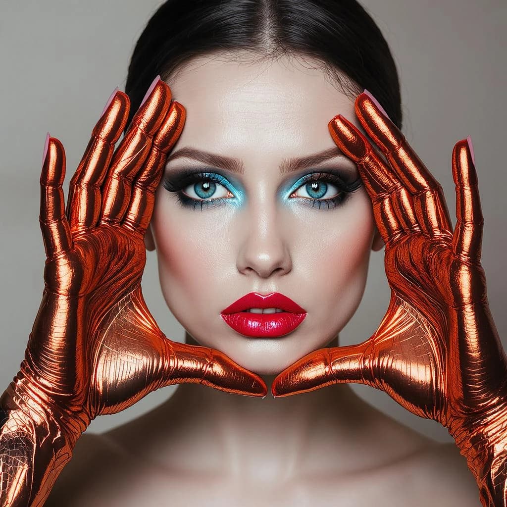 A striking close-up portrait of a woman with cracked metallic copper-painted hands framing her face. Her vivid blue and red eye makeup contrasts sharply with the smooth, pale skin and muted background, creating a bold, surreal composition. She displays an air of uncertainty about her
