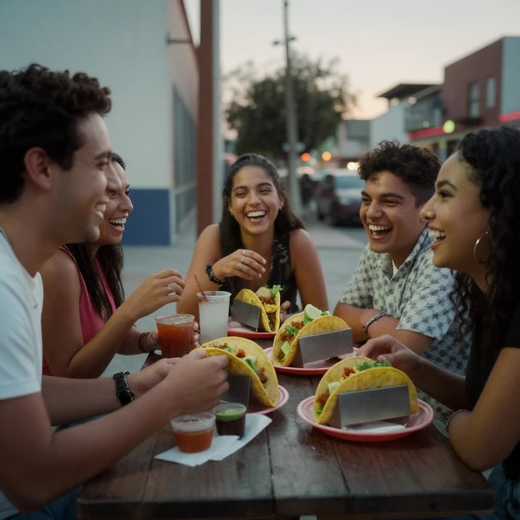 Friends laugh over street tacos at dusk, candid, shallow depth.