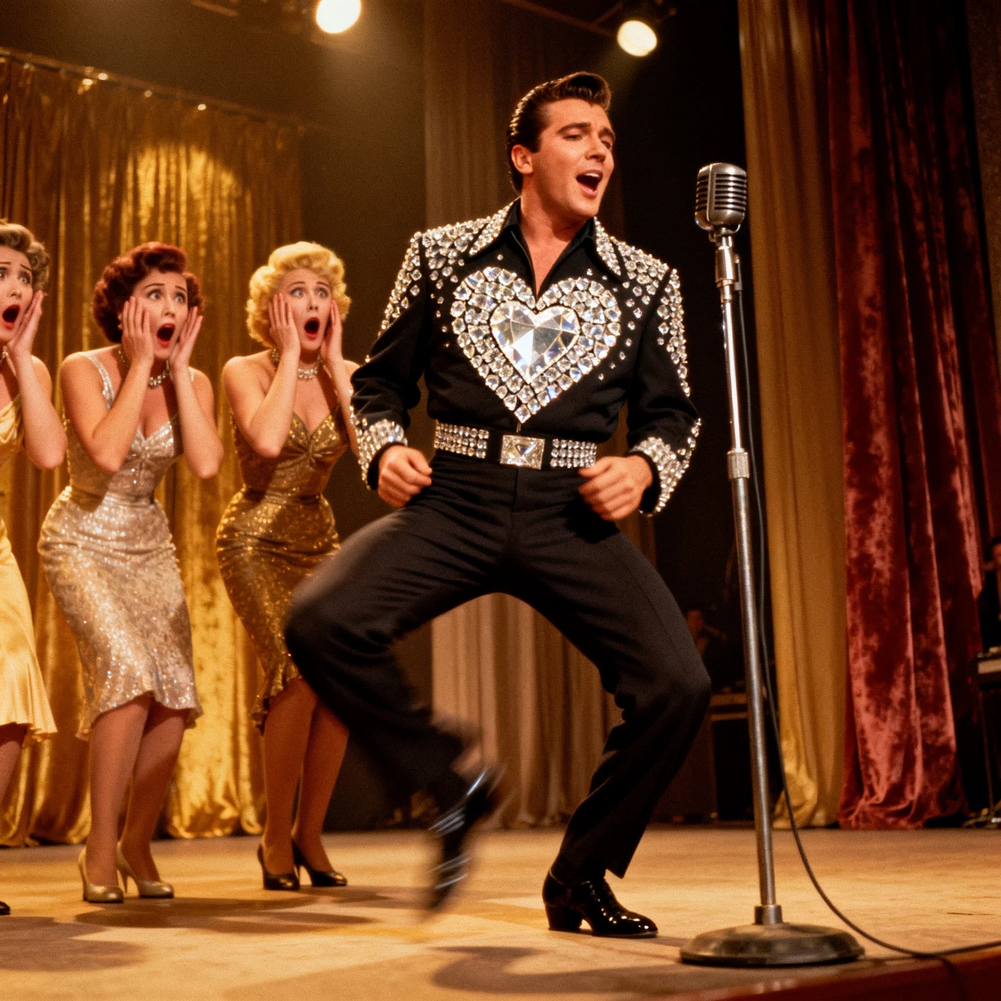 An archival image from 1953 of the rock singer swinging his hips on the stage while glamorous back up singers feign shock at his gyrations! He wears a diamond encrusted jacket with the stones arranged in the shape of a heart