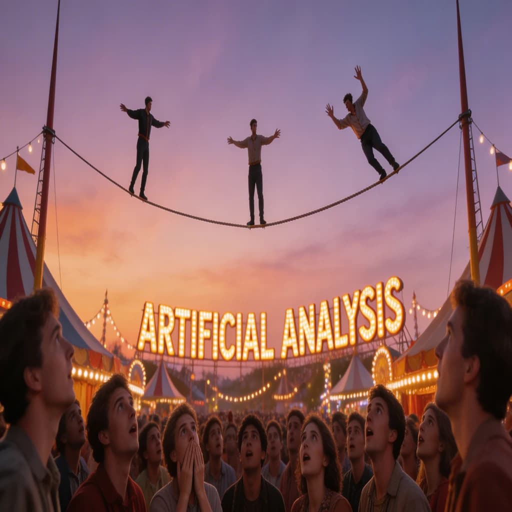 At dusk, high above a carnival crowd, three tightrope walkers balance on a single rope with no aids, one is off balance and grabbing at air. Below, the audience looks upward with baited anticipation. Artificial Analysis is spelled out in the background in carnival lights