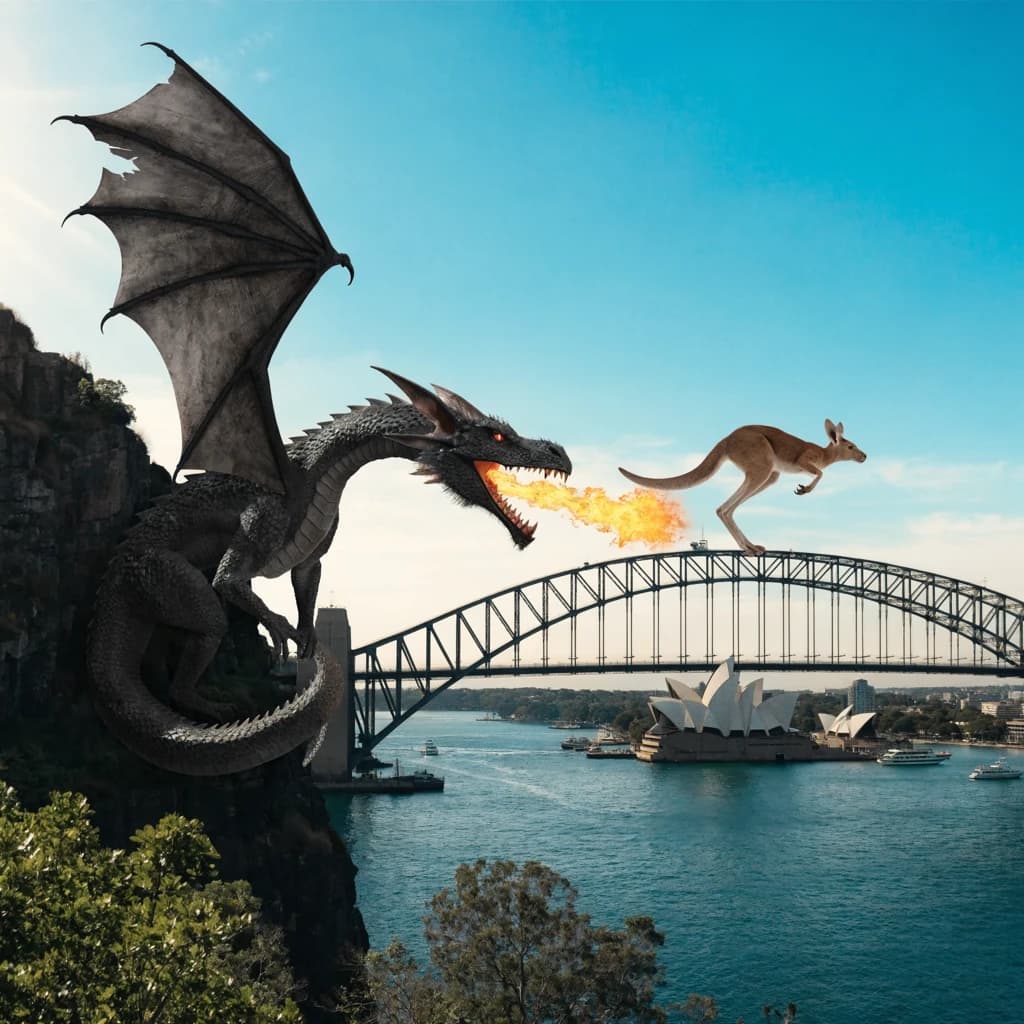 A dragon breathes fire at a kangaroo that is running away by climbing over the top of the Sydney Harbour Bridge. Opera House visible in the background.