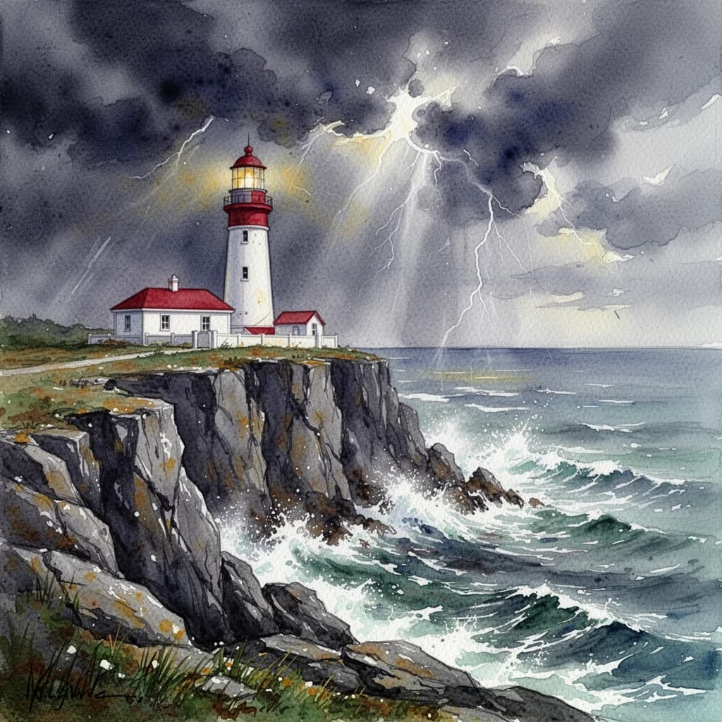 Please paint a watercolor of stormy cliffs and a lighthouse, moody sky.