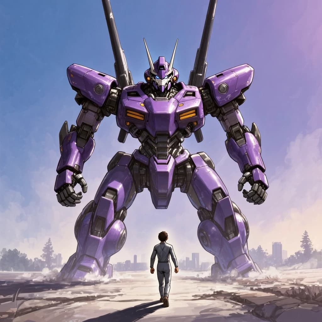 Clad in his body suit up to the neck, young Masa nervously approaches the towering mech with his back facing us. He is nervous for his first time in the field. The mech's bright purple colour scheme contrasts with the grey body suit. The scale of the mech dwarfs Masa. Hand drawn style