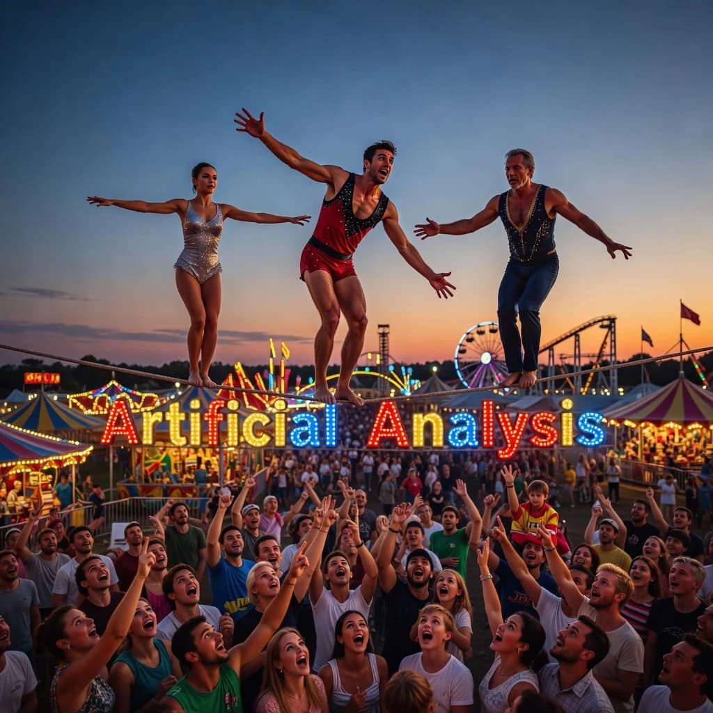 At dusk, high above a carnival crowd, three tightrope walkers balance on a single rope with no aids, one is off balance and grabbing at air. Below, the audience looks upward with baited anticipation. Artificial Analysis is spelled out in the background in carnival lights