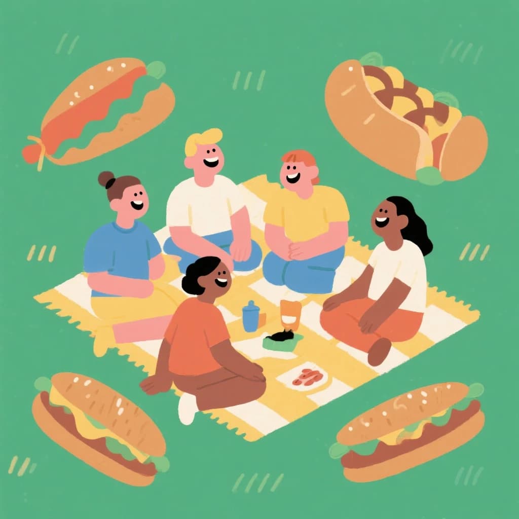 Flat vector picnic scene, friends laughing, oversized food icons, simple shapes.