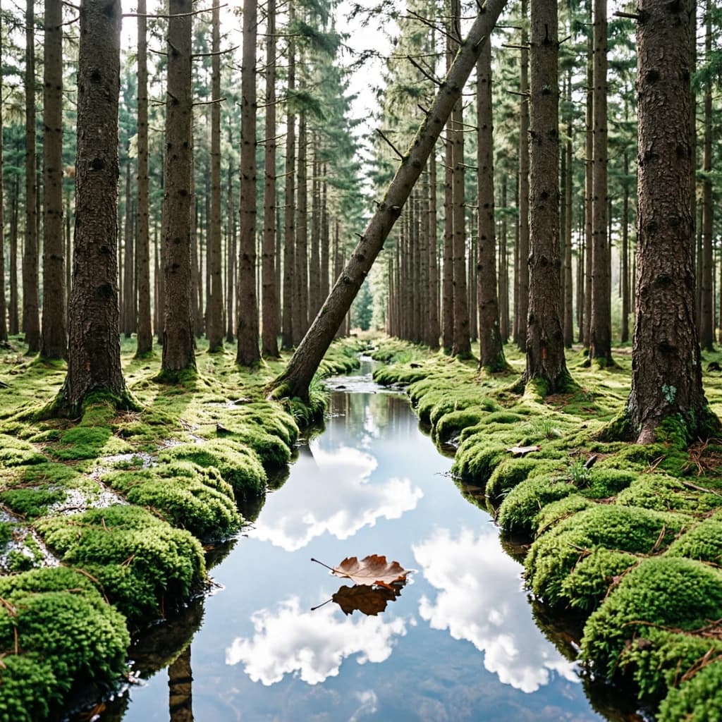 The forest is saturated green, trees identical in height and width, trunks straight, bark texture repeating. One trunk leans diagonally yet the branches remain vertical. The moss is emerald, glistening, though each patch forms identical diamond shapes. A stream runs straight, perfectly linear, water clear, reflecting clouds not visible in the sky. No animals, no insects, but one leaf floats on the water, doubled, showing two overlapping shadows.
