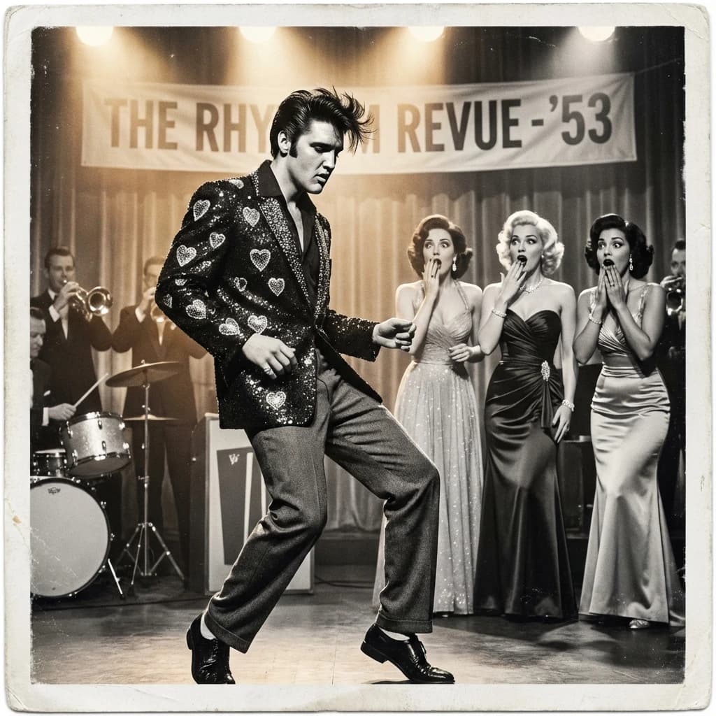 An archival image from 1953 of the rock singer swinging his hips on the stage while glamorous back up singers feign shock at his gyrations! He wears a diamond encrusted jacket with the stones arranged in the shape of a heart