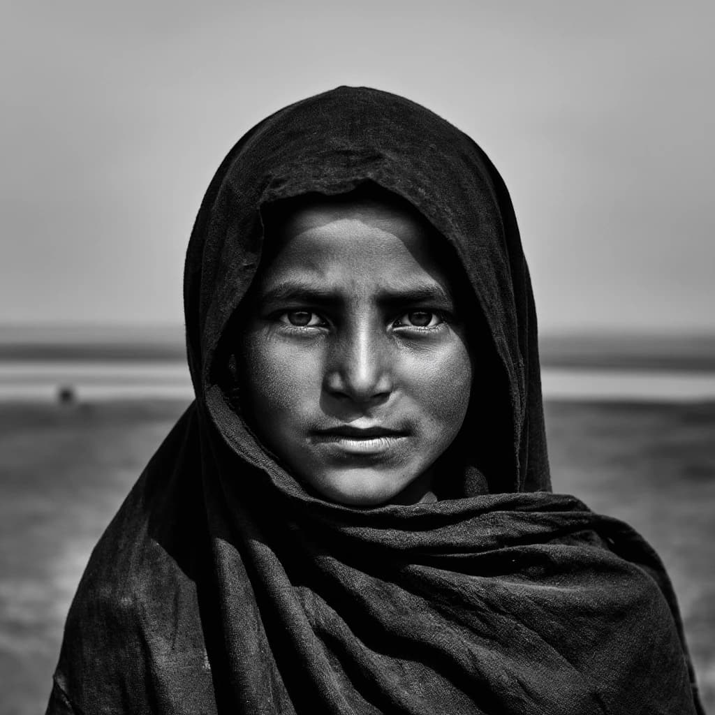 A dramatic black-and-white portrait of a young person draped in a hooded garment, their face framed by the hood's dark folds. Their skin tone and the subtle sheen on their cheeks create striking tonal contrast against the deep shadows. Their eyes are piercing, looking directly into the lens with a calm, steady intensity—neither confrontational nor submissive, but deeply present. The texture of the fabric is visible: it's dense, slightly weathered, and whisper-thin creases catch the light. In the background, an expansive, out-of-focus landscape suggests open space—perhaps distant plains or water—though the details remain soft and abstract. The overall mood is silent yet powerful, poised between vulnerability and resilience, with every highlight and shadow telling part of their story.