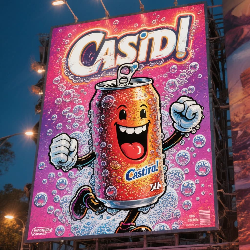 Design a bright soda billboard ad with a bubbly can mascot, thick inky lines.