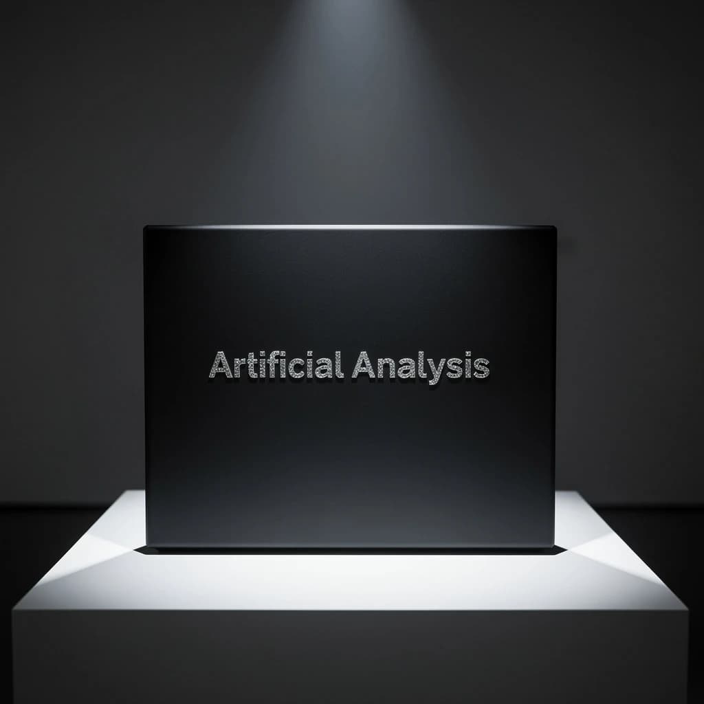 A premium matte black laptop-sized box rests on a pure white pedestal within a gallery space. Overhead, a single spotlight carves sharp contrast, leaving the edges in deep shadow. The brand name Artificial Analysis is embossed in silver foil, glinting faintly as though it were jewelry.