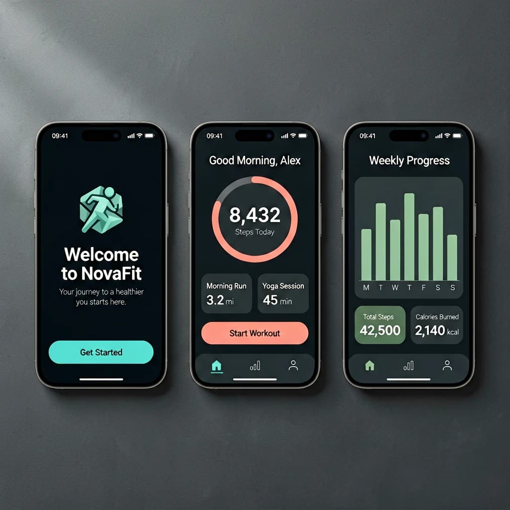 Sleek mobile fitness app screens on a desk: dark mode home, progress dashboard, simple onboarding, clear 8 pt grid, slightly oversized buttons for thumb reach, muted colors.