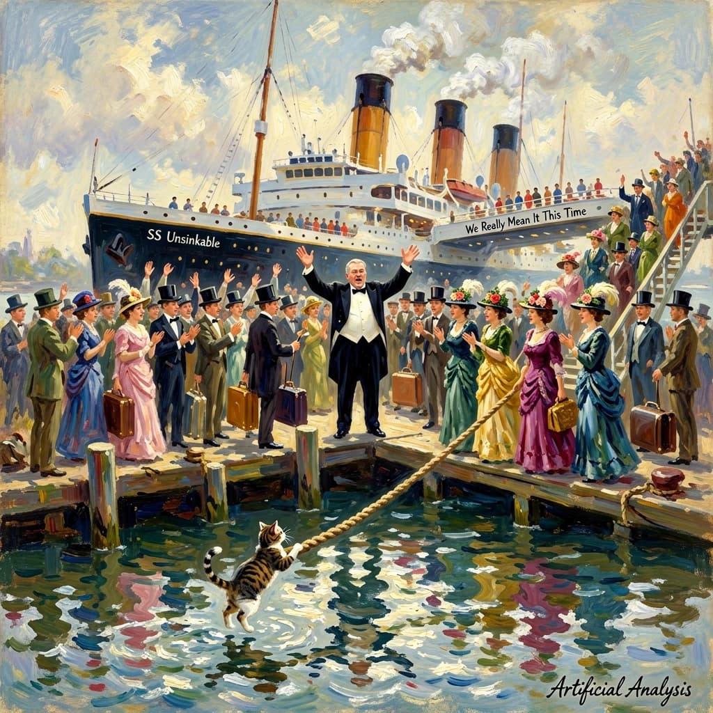 An impressionistic painting of the mighty steamer the "SS Unsinkable We Really Mean It This Time" on a cloudy but bright London morning about to set out on her maiden voyage. A jubilant crowd is gathered on the dock around the paunchy mayor who is making a speech, gesticulating wildly with his hands. The gangways are busy with well heeled ladies and gentlemen making their way onto the ship. A cheeky cat hangs over the water, clinging to the mooring rope after an ill-fated attempt to climb up. The artist has signed his name "Artificial Analysis" in the bottom corner