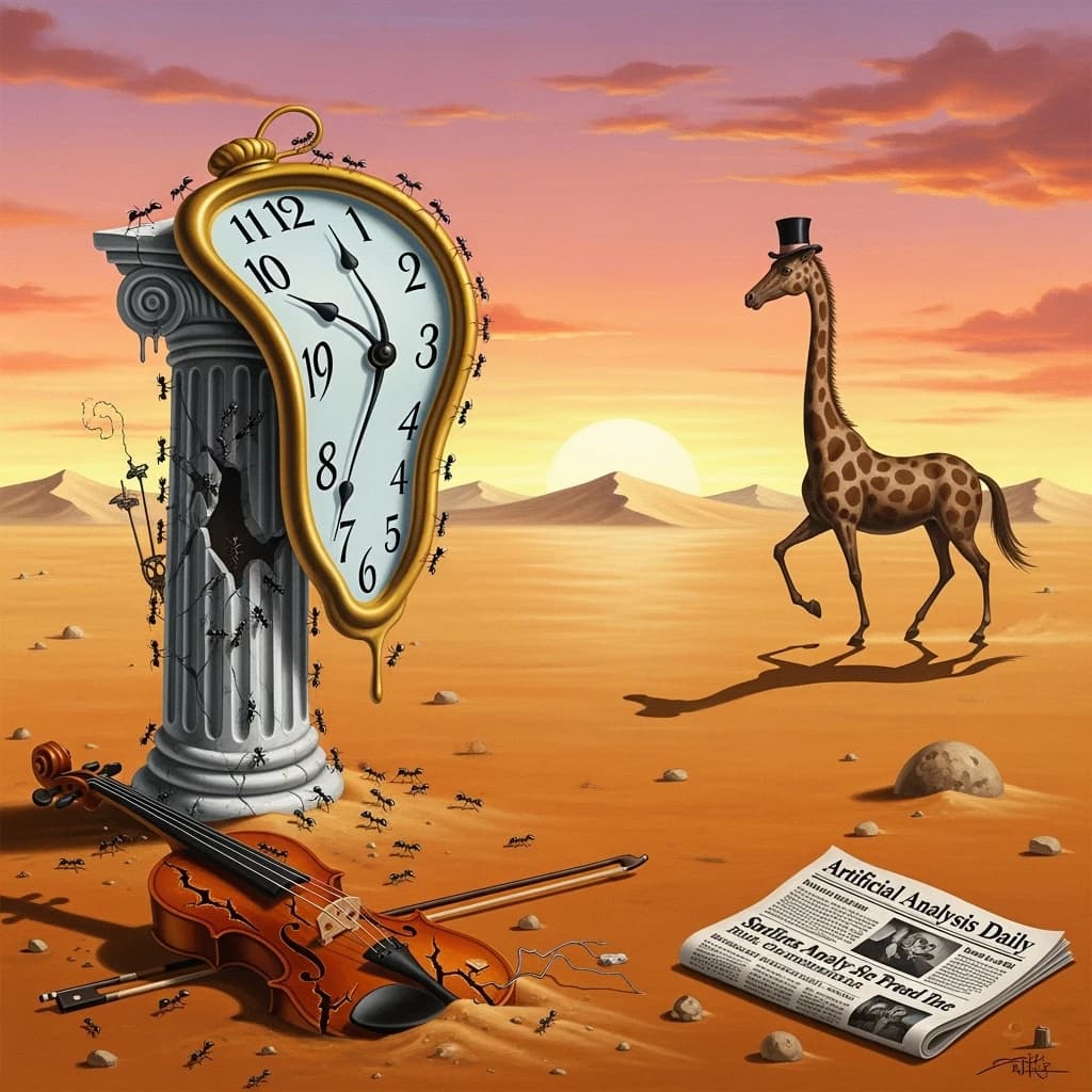 A vast desert plain stretches endlessly under a sky streaked with pale pink and ochre clouds. In the center stands a colossal clock, its face drooping and melting over the edge of a broken marble column. Ants swarm across its warped surface, glinting in the harsh sunlight. To the right, a horse with a giraffe like neck wearing a top hat strides toward the horizon, its shadow stretching miles across the sand. A cracked violin lies half-buried in the foreground, strings snapping outward like veins. Painted in the dreamlike surrealist style. A newspaper named the "Artificial Analysis Daily" lies on the Floor.