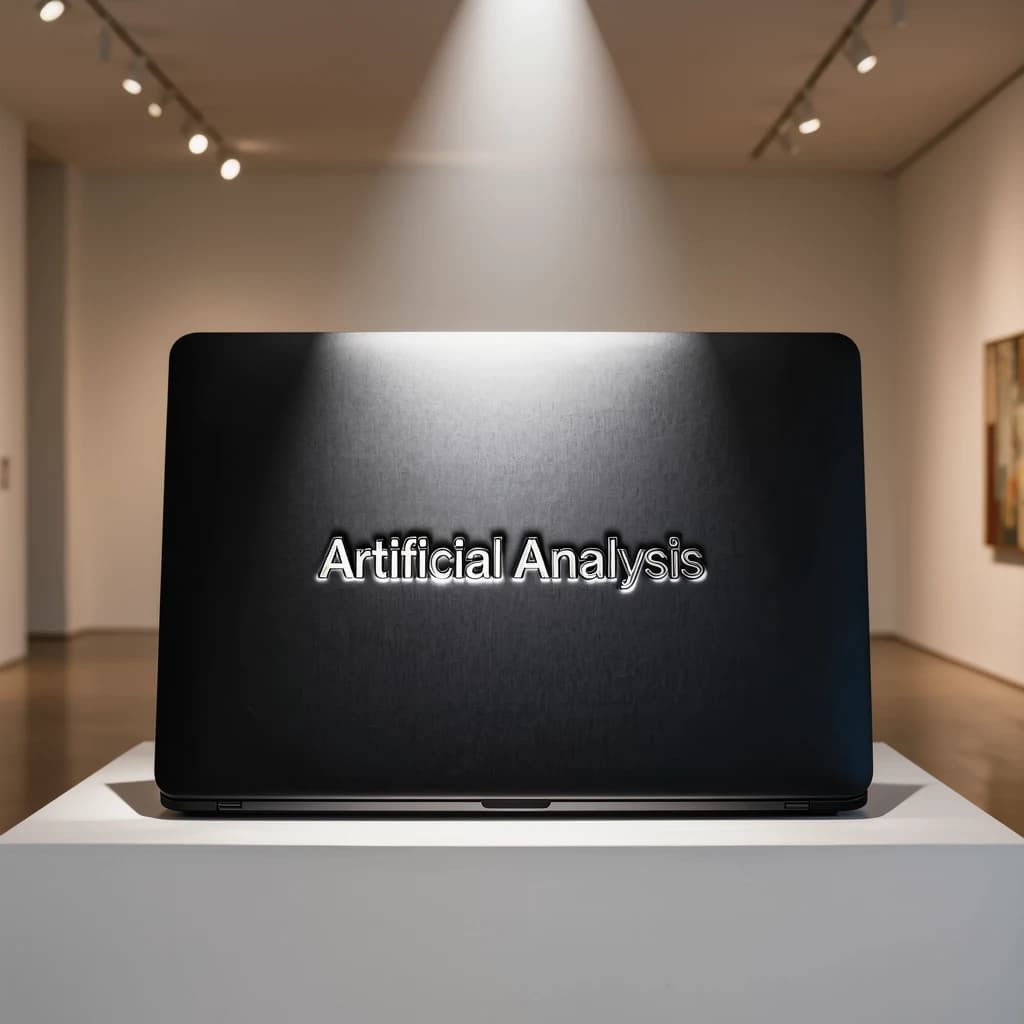 A premium matte black laptop-sized box rests on a pure white pedestal within a gallery space. Overhead, a single spotlight carves sharp contrast, leaving the edges in deep shadow. The brand name Artificial Analysis is embossed in silver foil, glinting faintly as though it were jewelry.