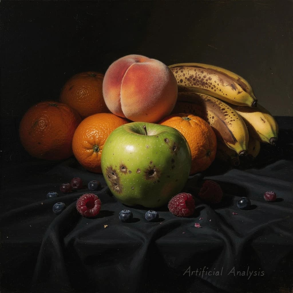 A still life scene painted oil on canvas, comprising various fruits on a black table cloth with striking lighting coming from the right out of frame, creating strong shadows. A bruised green apple is in the foreground, a peach behind it, and behind that a melange of oranges and bananas in various states of ripeness. Berries are strewn in front of the apple. The artist has signed his name "Artificial Analysis" in the bottom right corner in a hurried fashion.