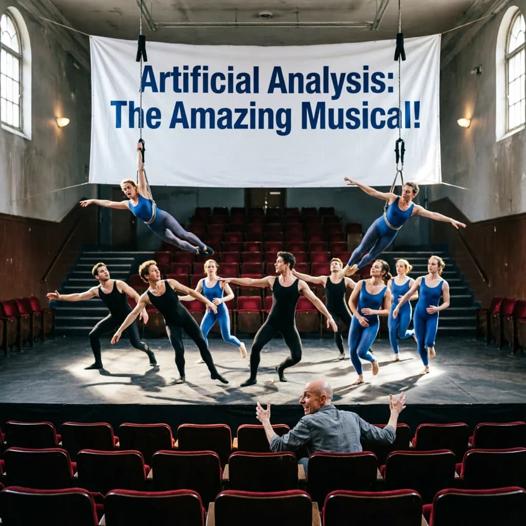 The musical troupe do a rehearsal in a large, empty theatre. 9 people are on the stage, half wear black and the others wear blue. The skinny bald director, seated in the second row, is practically leaping out of their seat with excitement as the leads nail their aerial. A giant banner reading "Artificial Analysis: The Amazing Musical!" is behind the actors.