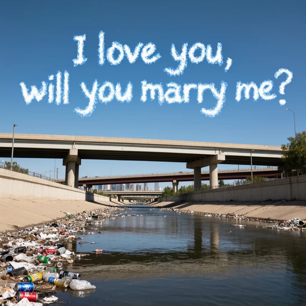 Red soda cans and other garbage sit strewn across the bank of an urban river only a few metres wide. Concrete overpasses criss cross overhead on a bright and sunny day. Fading skywriting proposes marriage
