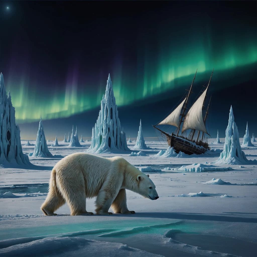 An endless tundra stretches outward, littered with jagged icebergs shaped like cathedral spires. A polar bear trudges across the foreground but leaves no tracks. Auroras ripple overhead. A half-buried shipwreck juts from the snow — sails billowing despite the still air.