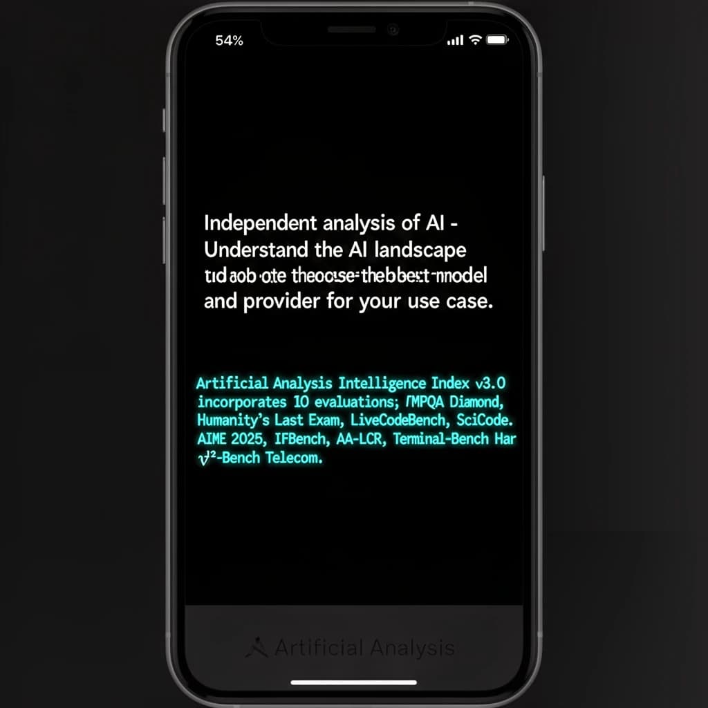 On a black smartphone UI with rounded corners, display a centered text block in white San Francisco font, 16pt: “Independent analysis of AI - Understand the AI landscape to choose the best model and provider for your use case.” Below, in neon cyan, monospace font, smaller size: “Artificial Analysis Intelligence Index v3.0 incorporates 10 evaluations: MMLU-Pro, GPQA Diamond, Humanity's Last Exam, LiveCodeBench, SciCode, AIME 2025, IFBench, AA-LCR, Terminal-Bench Hard, 𝜏²-Bench Telecom.” The second block scrolls horizontally as a ticker. The battery icon in the status bar shows 54%. The Artificial Analysis logo appears faintly, embossed into the bottom navigation bar.